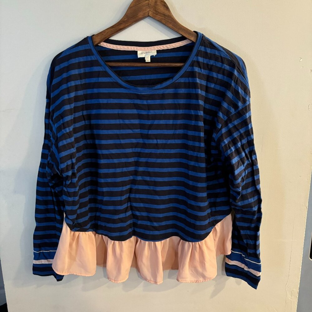 ANTHROPOLOGIE DELETTA Women's Blue Black Striped Pink Ruffle Hem Long Sleeve Top
